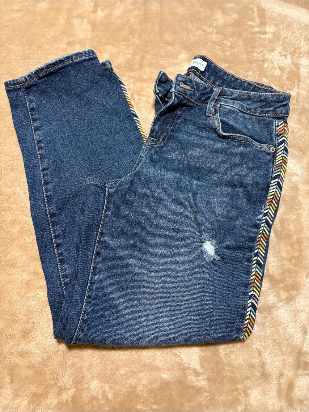 Knox Rose Dark Blue Straight Leg Jeans with Multicolor Chevron Trim Size 4